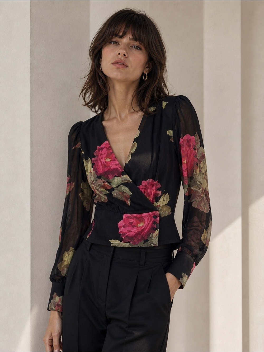 THE KOOPLES Black Floral Wrap Blouse | Sheer Silk Top | Parisian Chic | Size S
